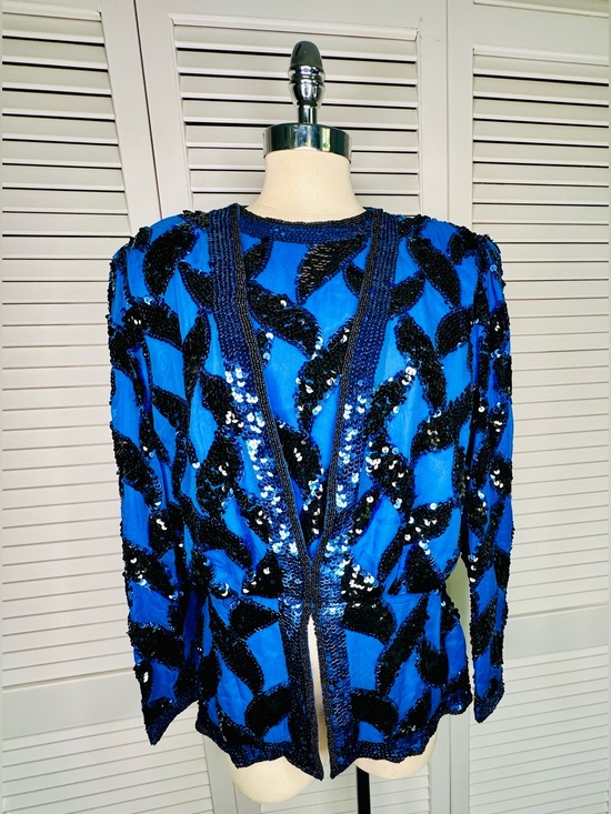 Oleg Cassini Tops - Vintage 1980s Oleg Cassini Fully Sequined Silk Evening Blouse Jacket Top Medium